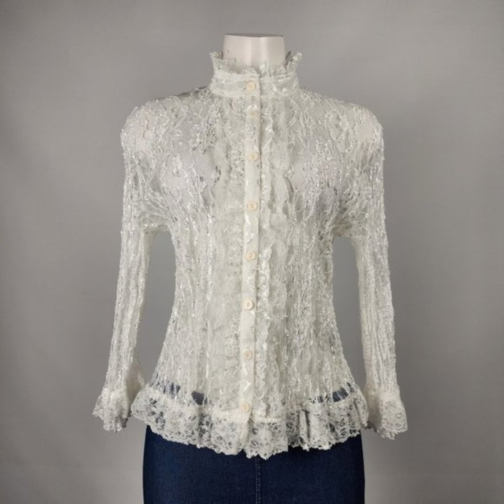 Ness Vintage White Lace Button Up Blouse Top Size M